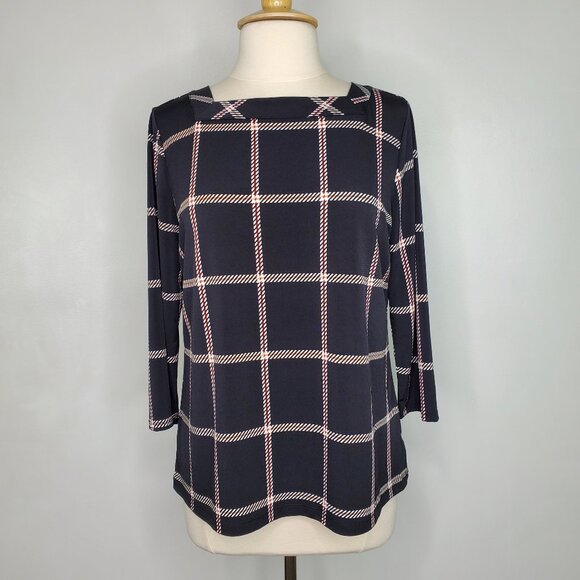 Liz Claiborne Windowpane Pattern Pullover Square Neck 3/4 Sleeve Top Size LP - Picture 1 of 11